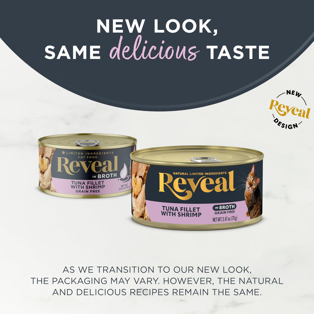 Reveal tuna-shrimp-broth-can stacked cans highlight convenient 24-pack
