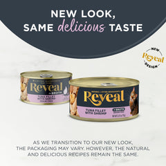 Reveal tuna-shrimp-broth-can stacked cans highlight convenient 24-pack