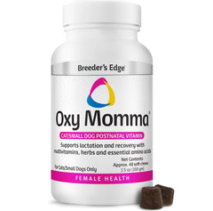 Revival Animal Health Breeder Edge Oxy Momma soft chews bottle for postnatal recovery and lactation support.