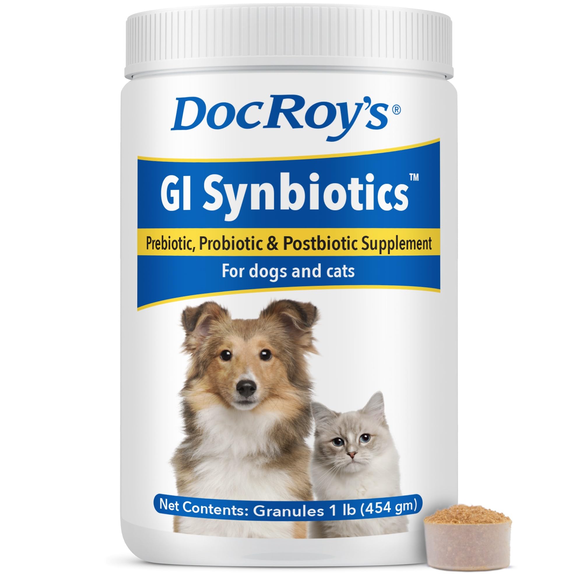 Doc Roy’s GI Synbiotics bottle supports digestive balance for pets