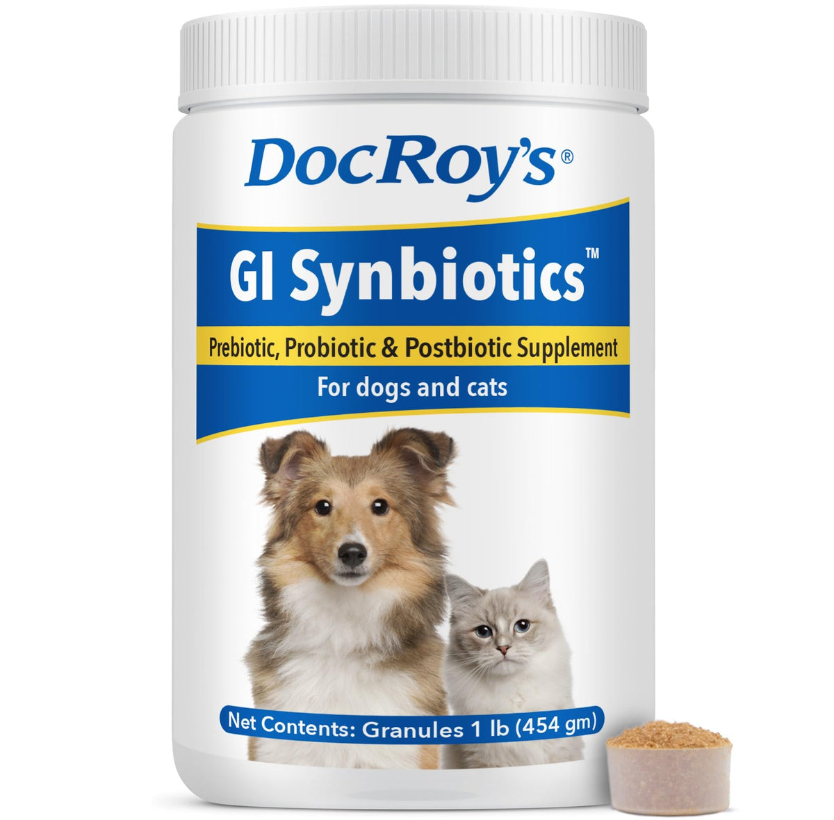 Doc Roy’s GI Synbiotics bottle supports digestive balance for pets