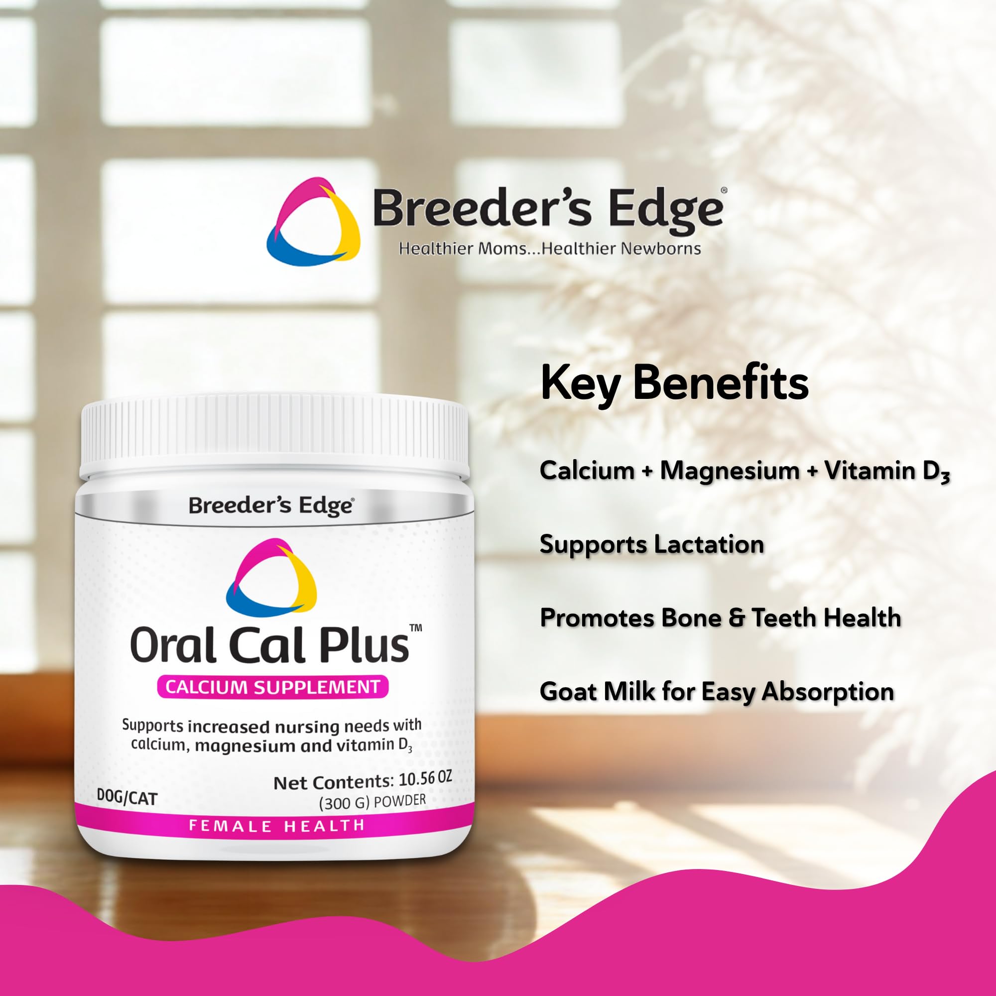 Breeder’s Edge Oral Cal Plus Powder pictured with dog and cat food bowls for multi-pet use.