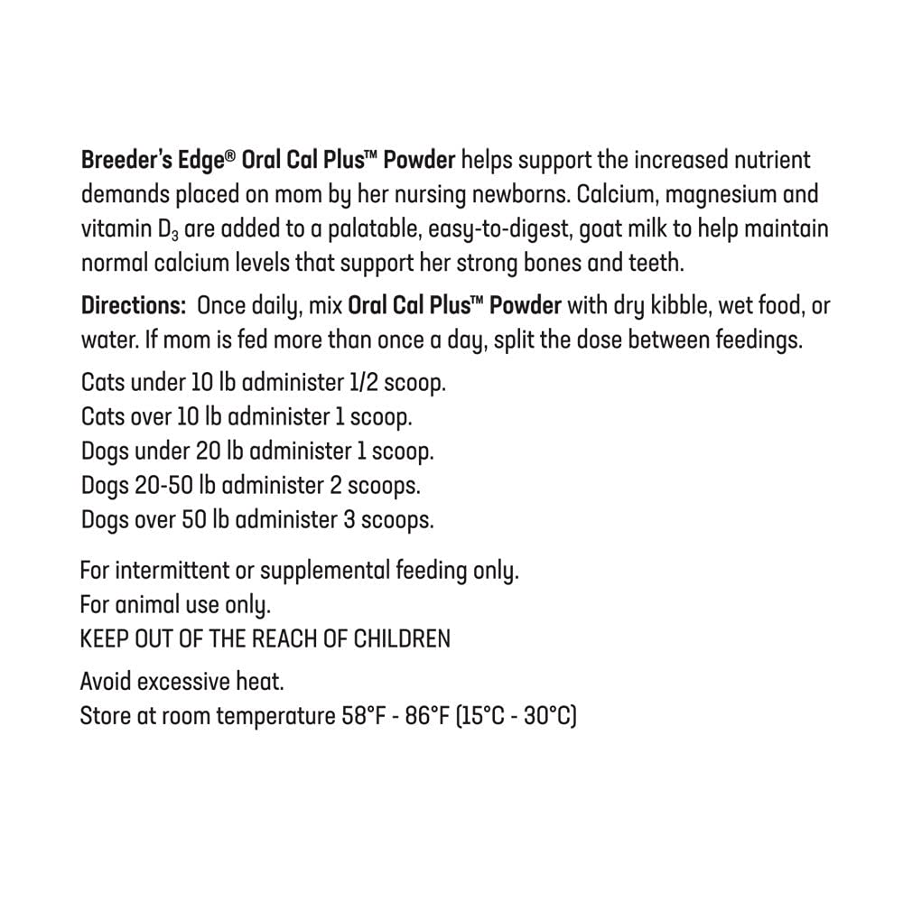 Breeder’s Edge Oral Cal Plus Powder packaging for home use.