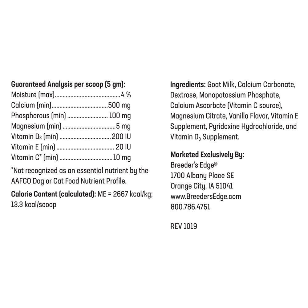 Breeder’s Edge Oral Cal Plus Powder label showing calcium and vitamin D3.