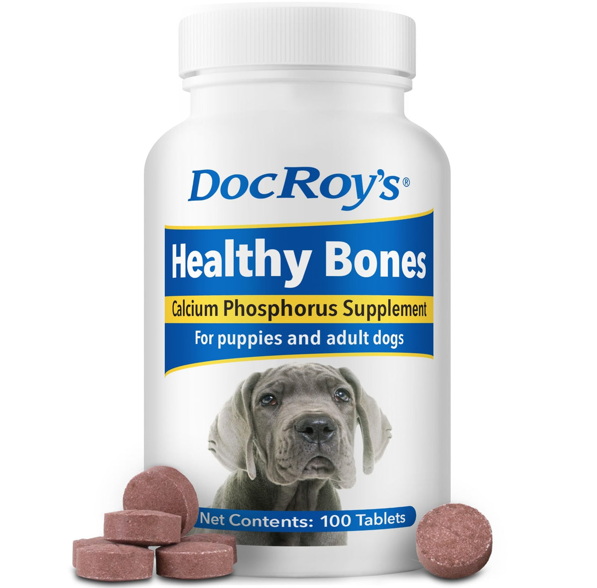 Revival Doc Roy’s Healthy Bones bottle front highlights a growth-supporting pet supplement.