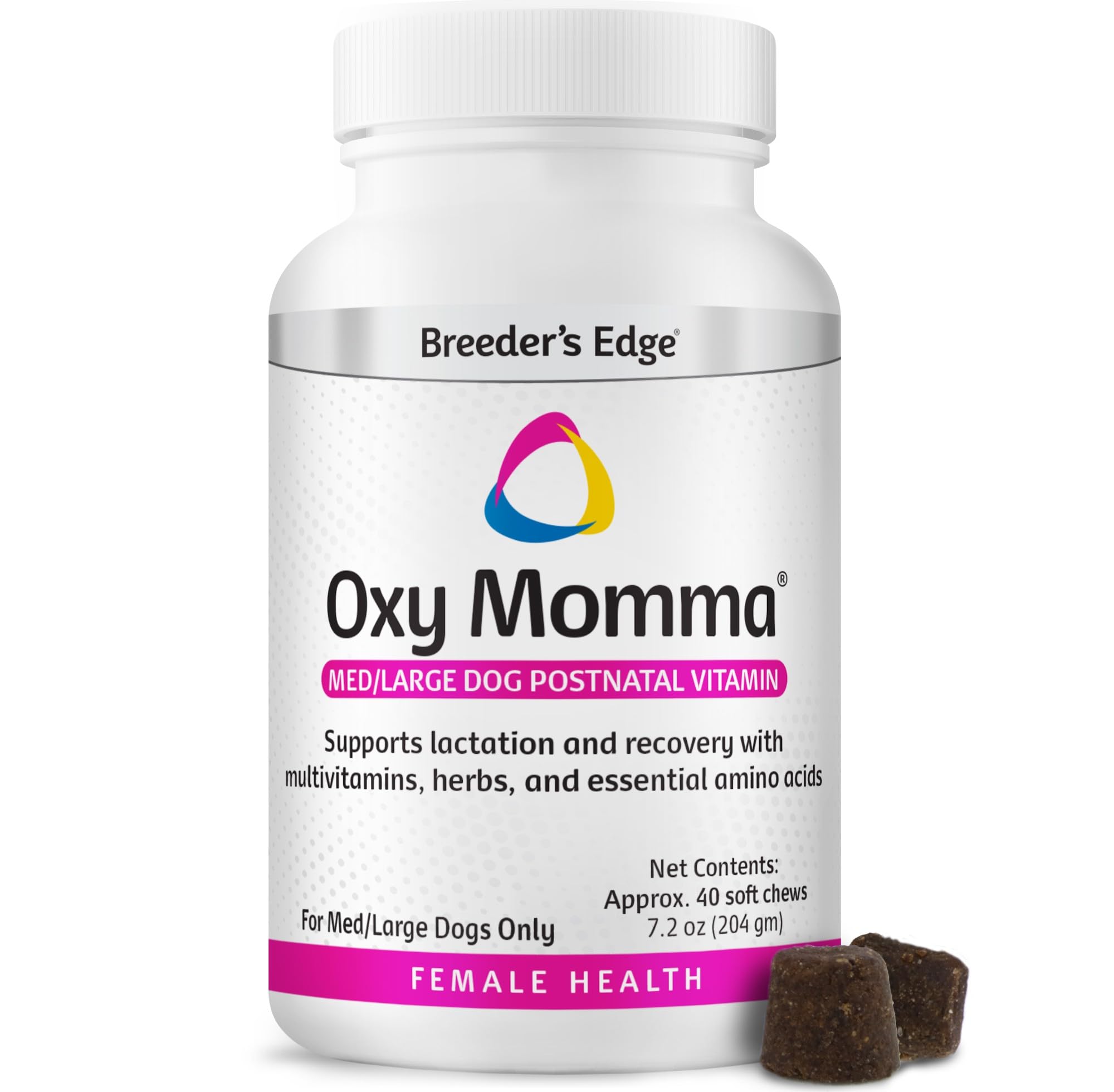 Revival Oxy Momma Soft Chews packaging highlights postnatal vitamin support for lactating pets