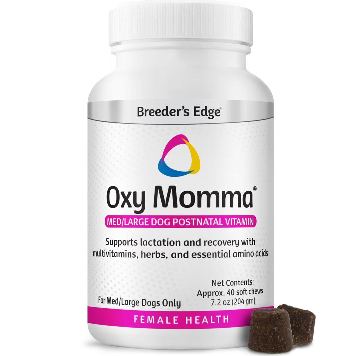 Revival Oxy Momma Soft Chews packaging highlights postnatal vitamin support for lactating pets
