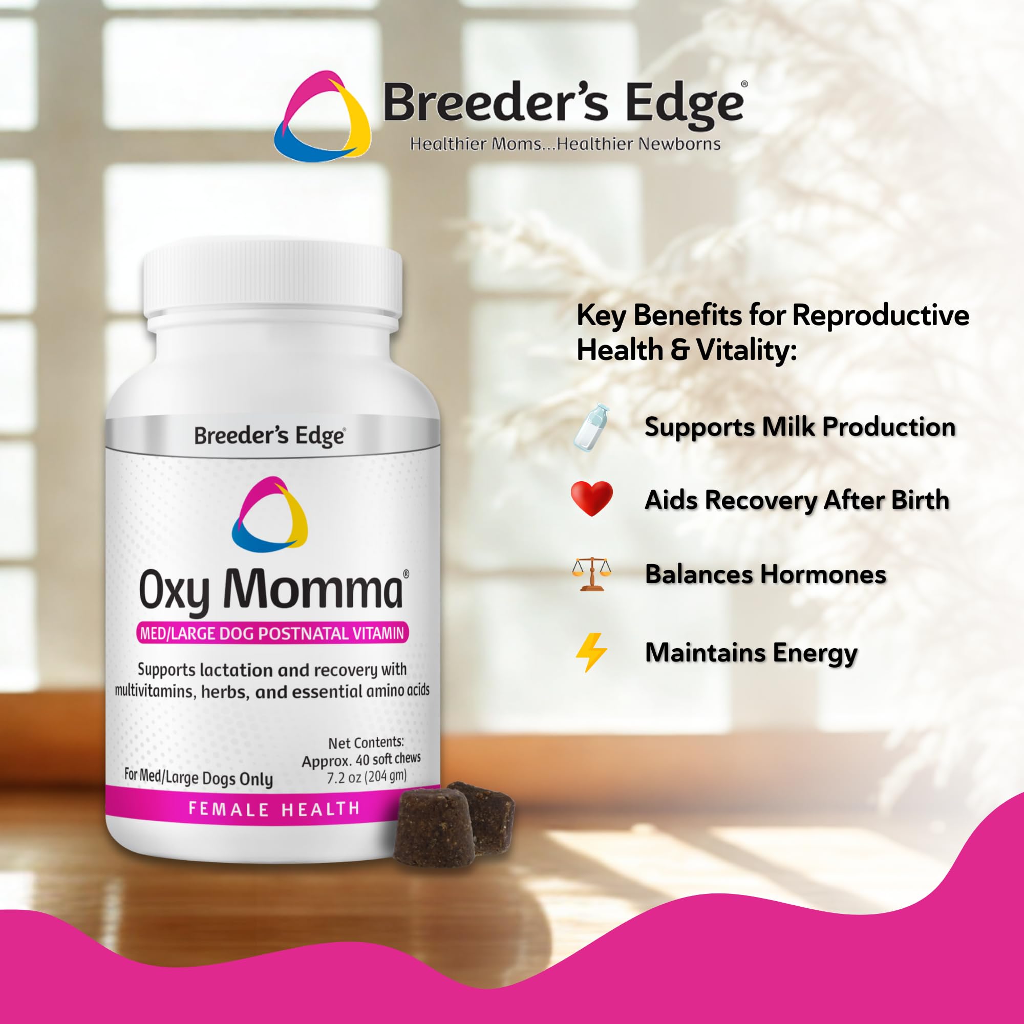 Product shot emphasizes recovery boost after birth for canine and feline mothers