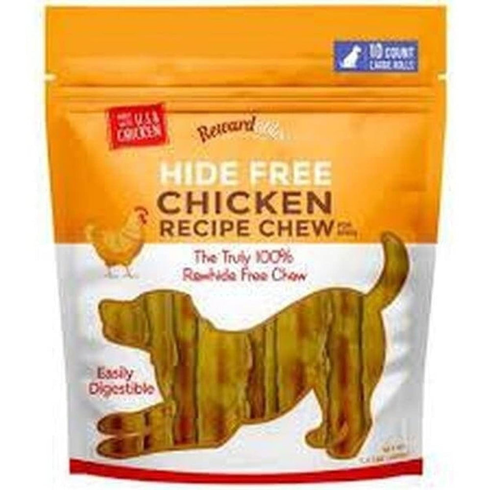 Rewardables Hide Free Chicken Chews packaging highlights grain-free, USA-made dog treats for bite-sized reward moments.