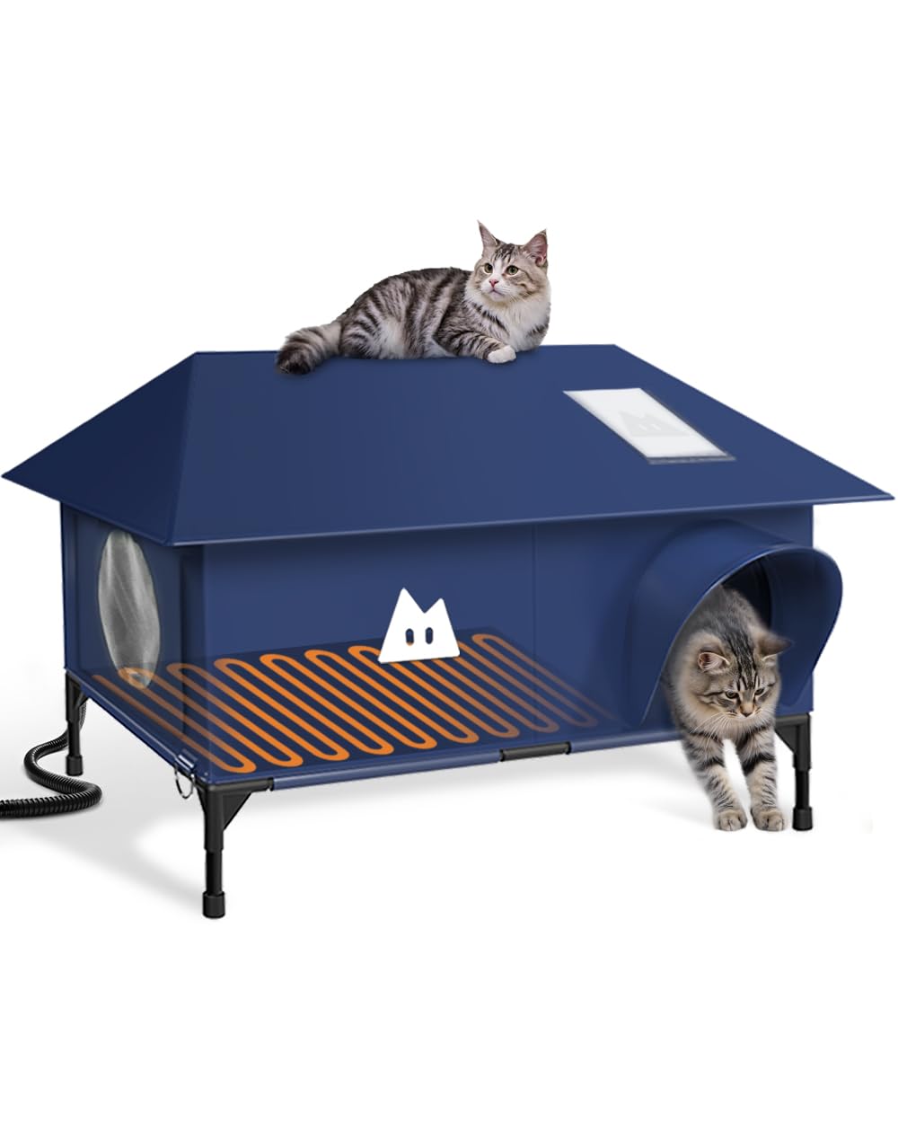 Rewarmle heated outdoor cat house blue front view shows weatherproof exterior for winter warmth.