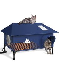 Rewarmle heated outdoor cat house blue front view shows weatherproof exterior for winter warmth.