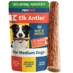 REXIPETS elk antlers for dogs packaged image shows USA-sourced chew for long-lasting entertainment.