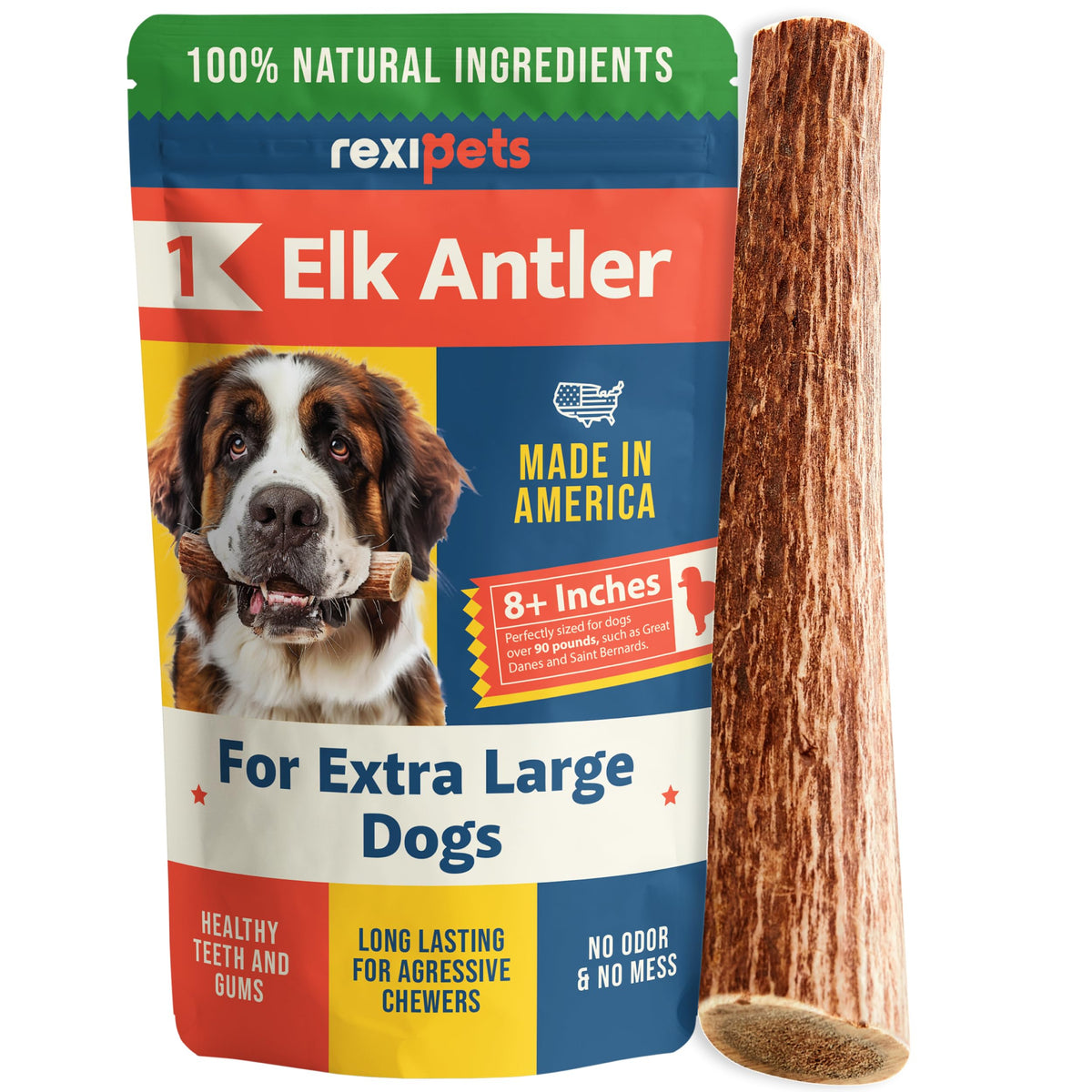REXIPETS elk antlers packaging in USA highlighting natural sourcing and grade-A quality.