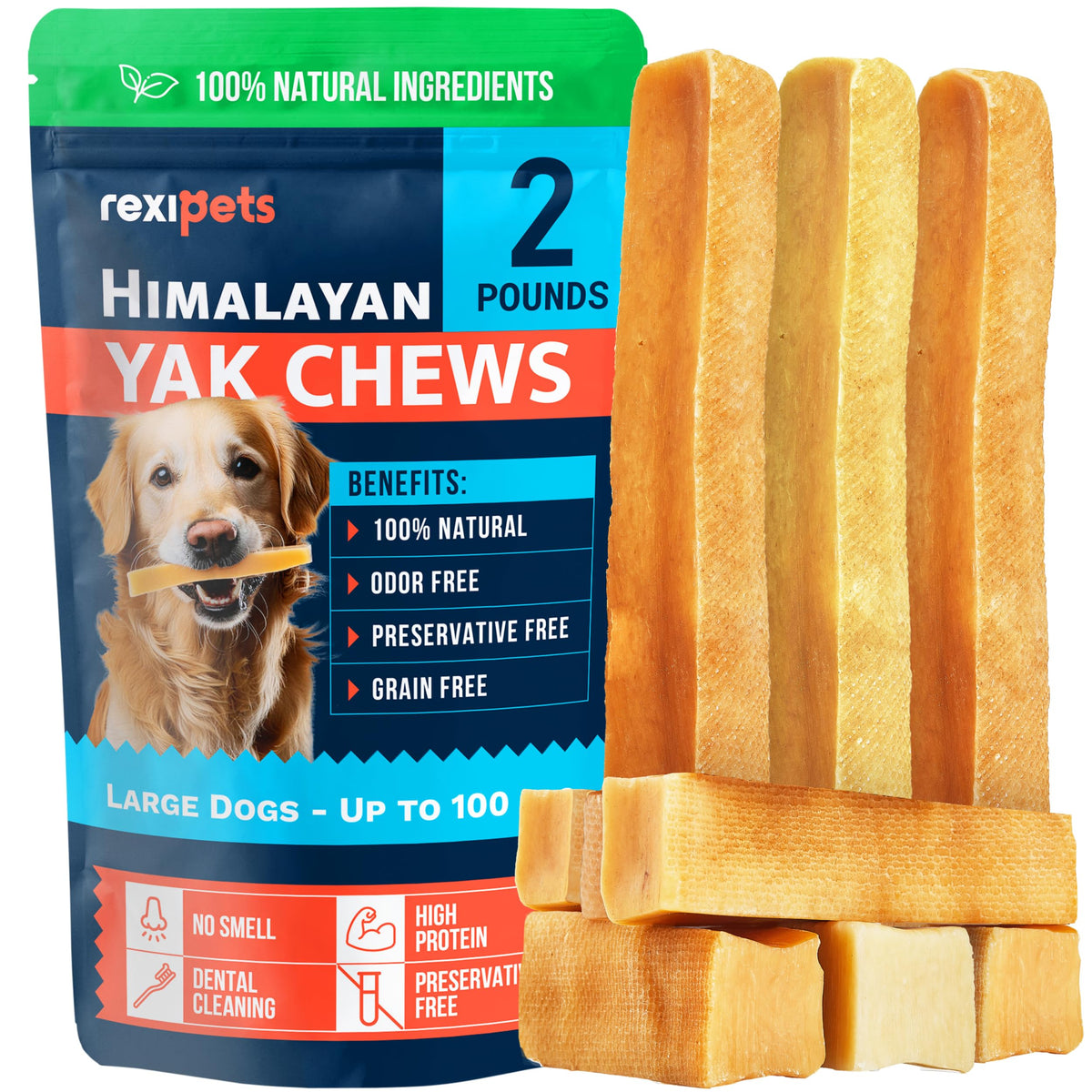 REXIPETS yak chews large dog image highlights long-lasting entertainment for big breeds