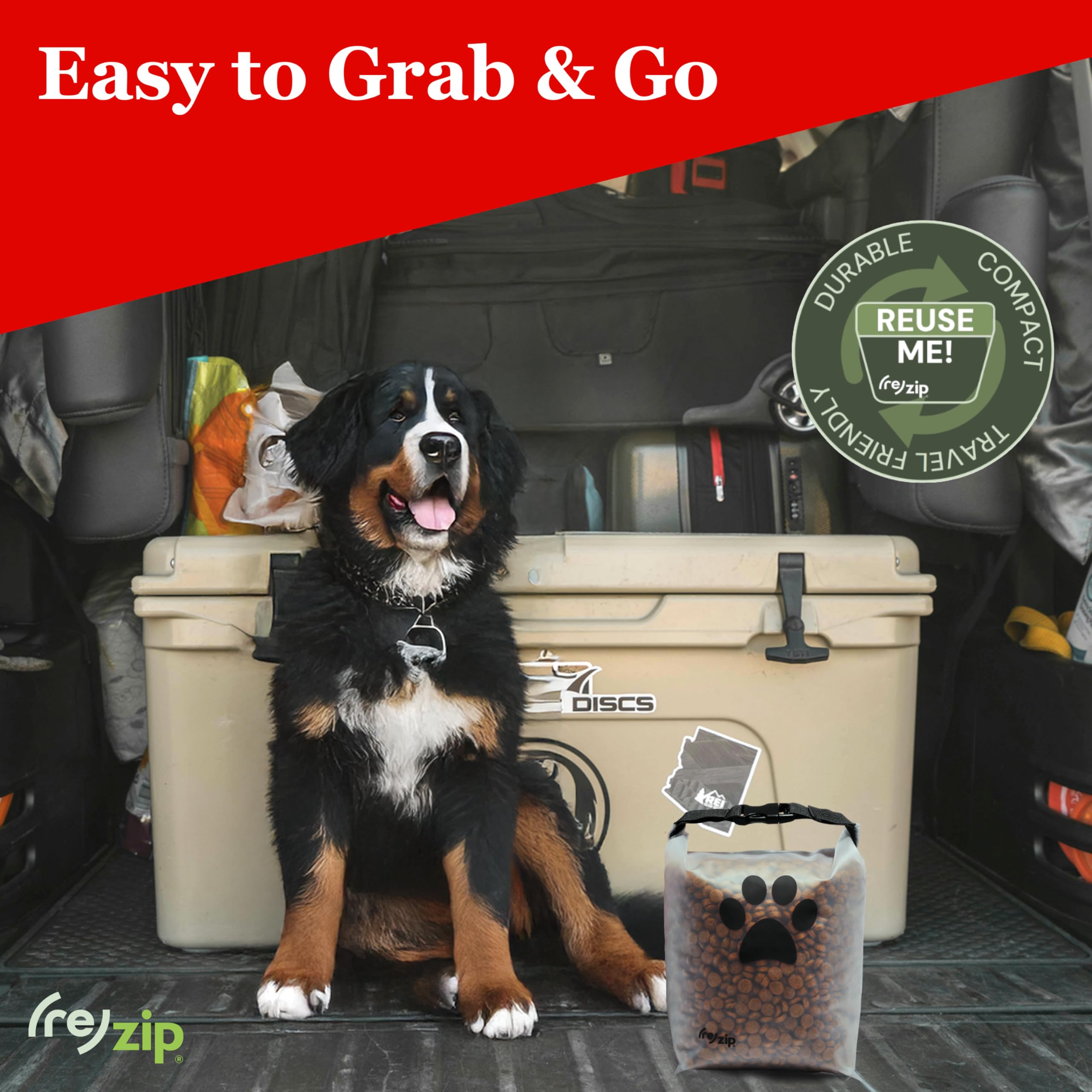 rezip durable-water-resistant material emphasizing BPA-free, food-safe PEVA construction.