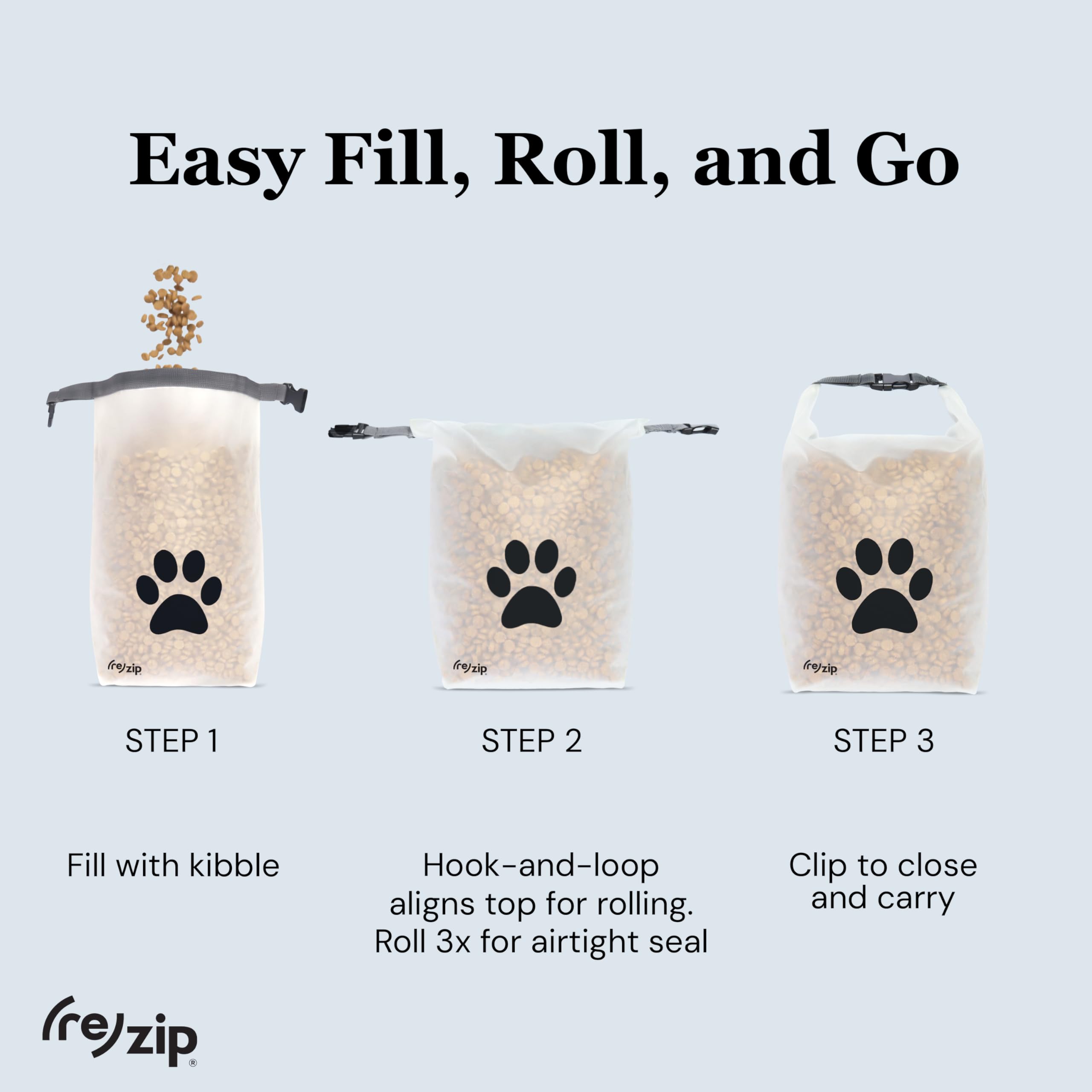 (re)zip Roll Top Pet Food Bag ideal for camping and road trips.