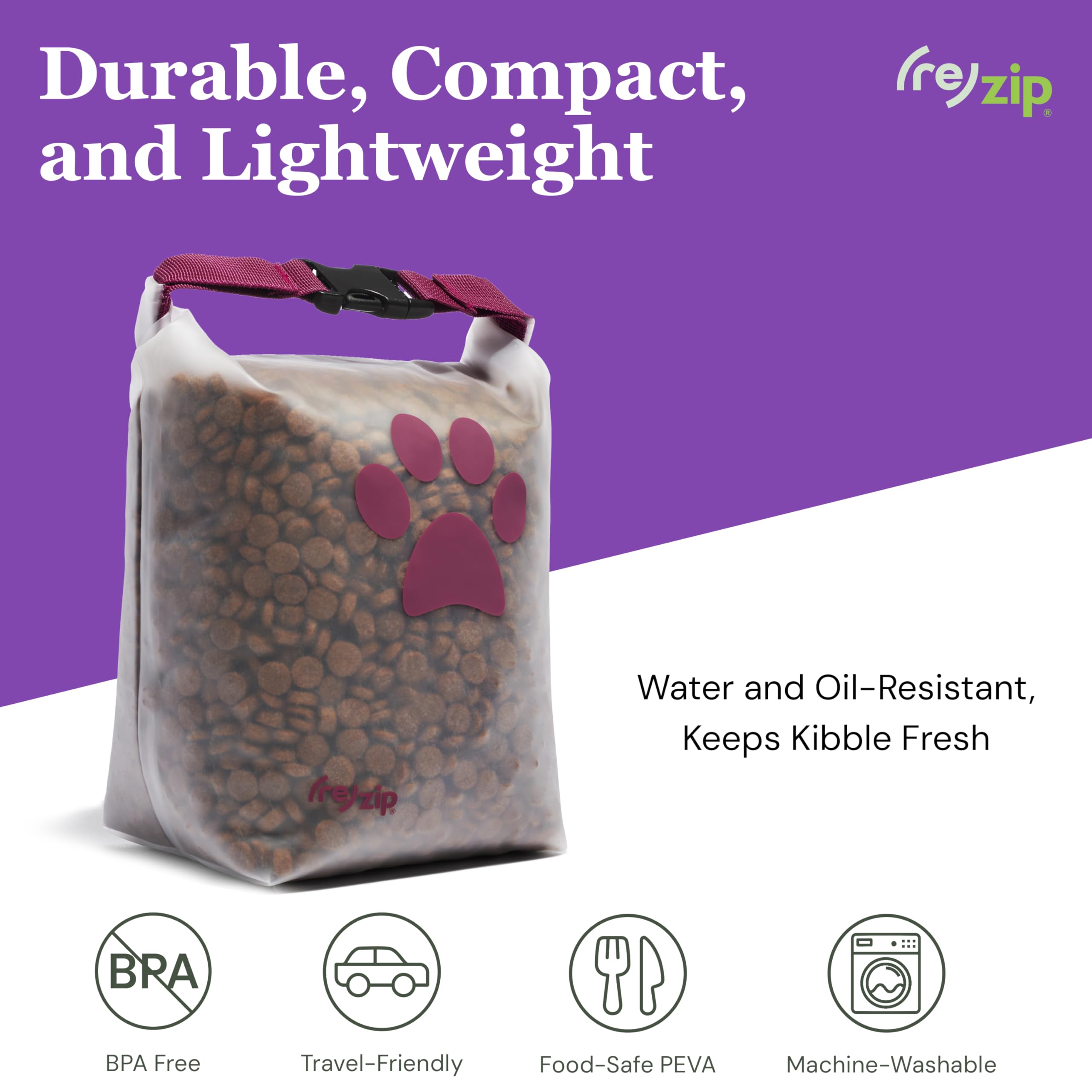 (re)zip Roll Top Pet Food Bag compresses flat when empty for travel.