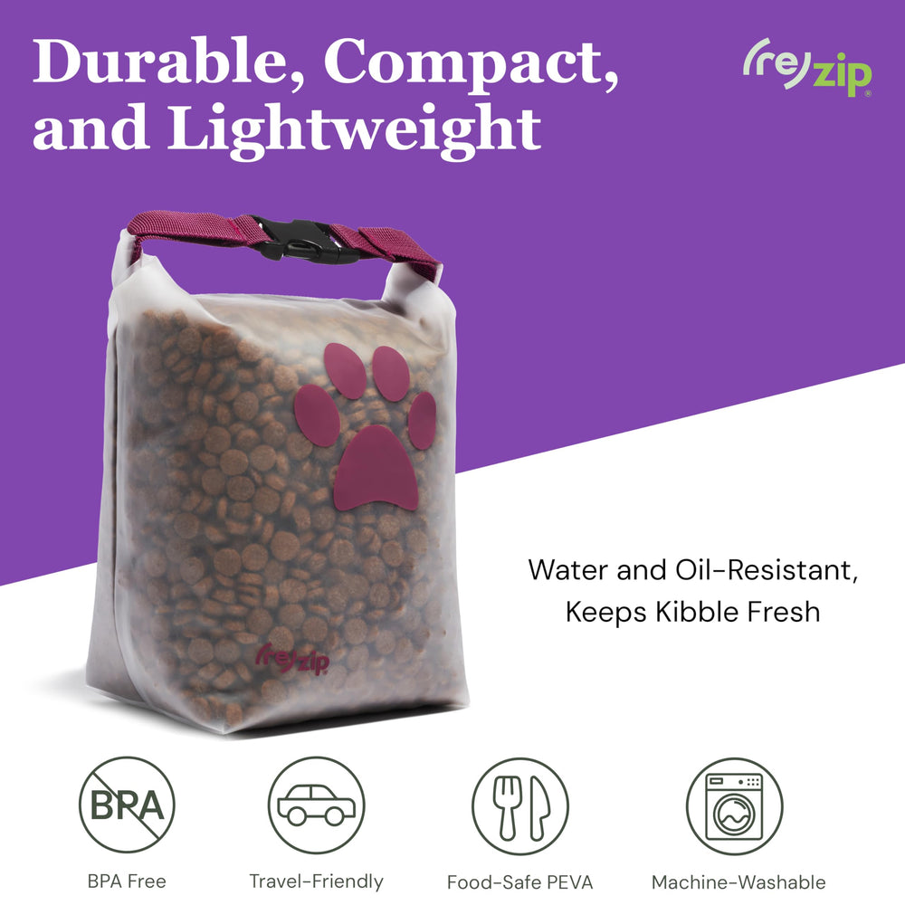(re)zip Roll Top Pet Food Bag compresses flat when empty for travel.
