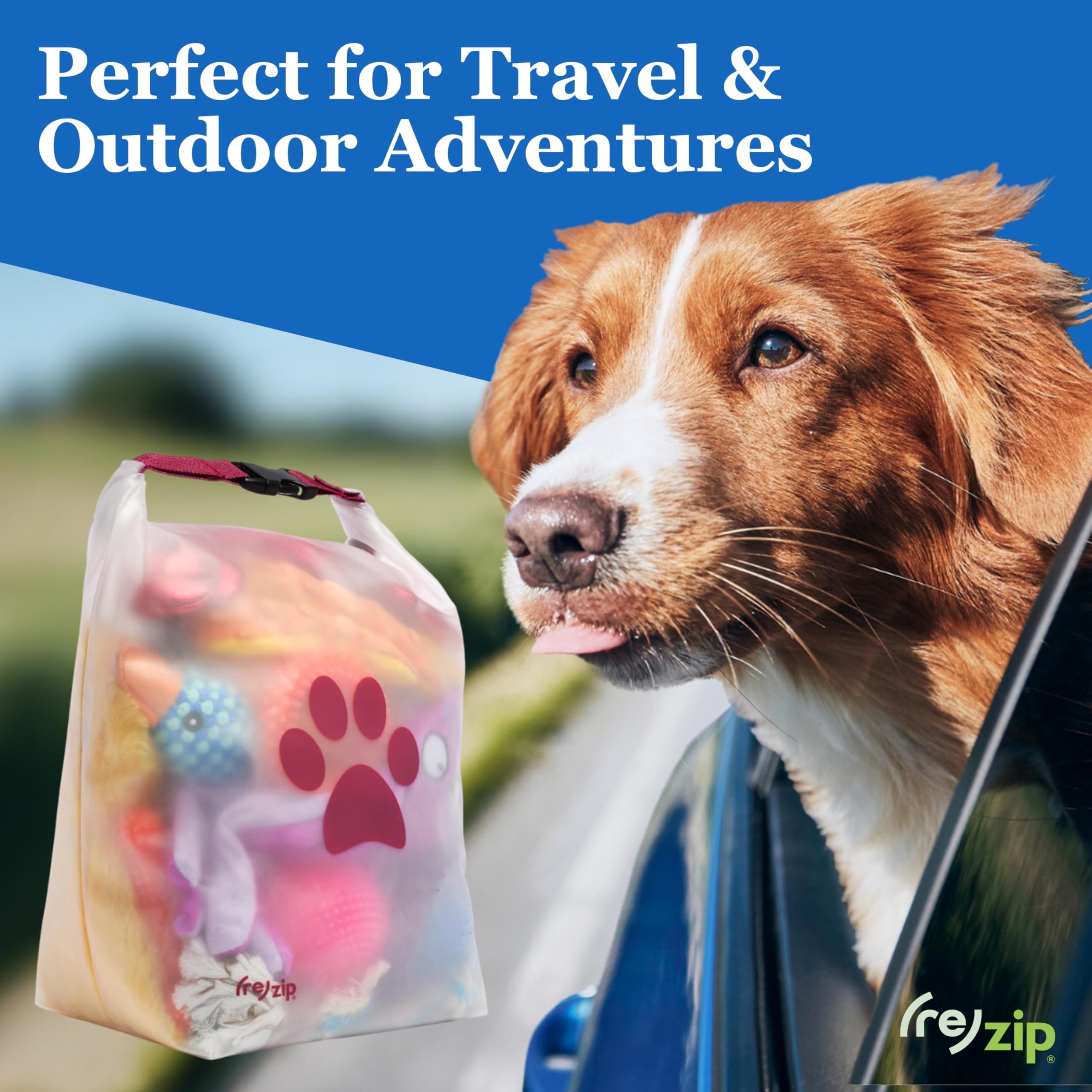 (re)zip Roll Top Pet Food Bag magenta color keeps pet food organized on weekend getaways.