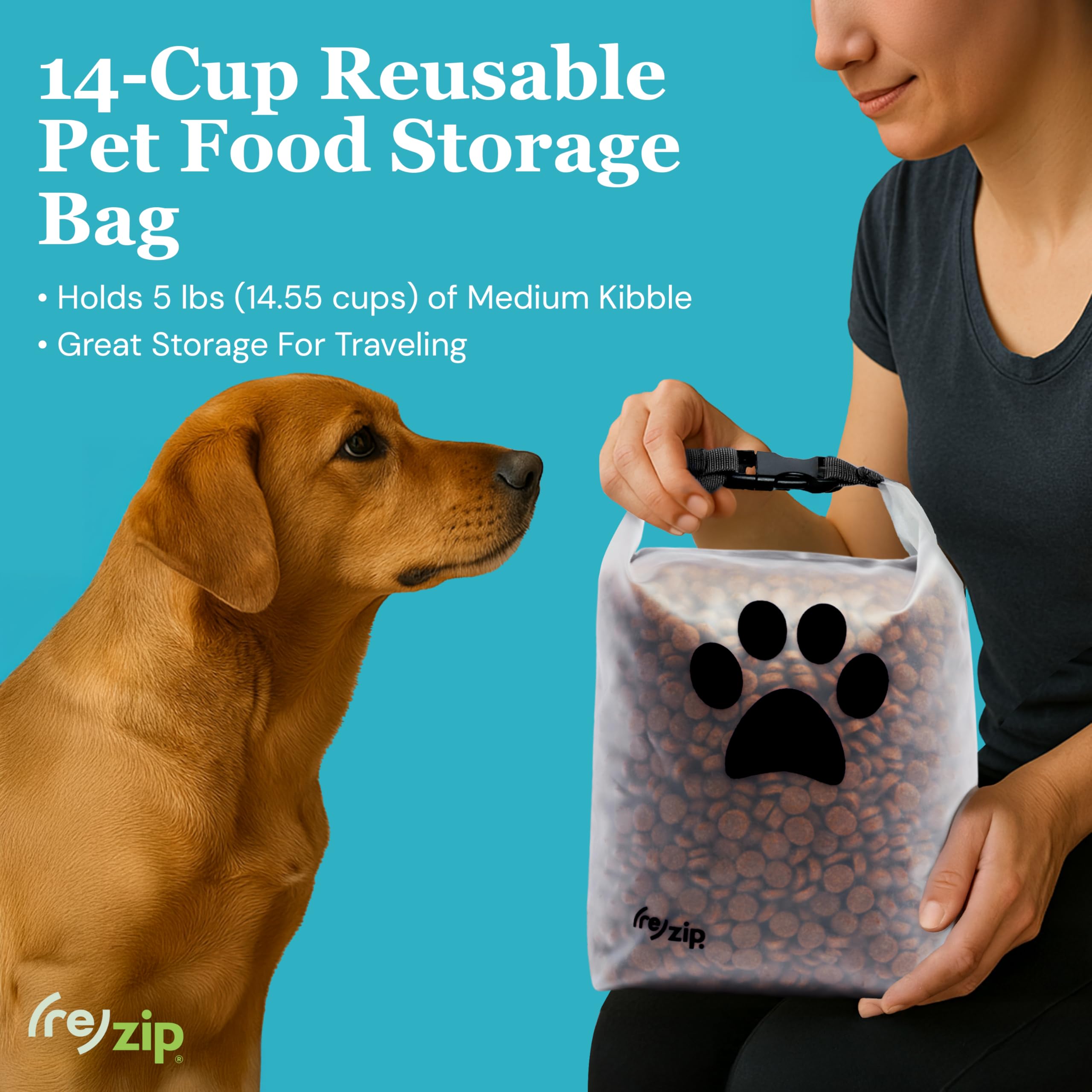 (re)zip Roll Top Pet Food Bag rolled-top closure for compact storage.