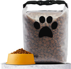rezip roll-top pet food storage bag shows secure closure for fresh kibble on the go.
