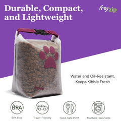 rezip rolled-top closure demonstrates airtight seal for longer kibble freshness.