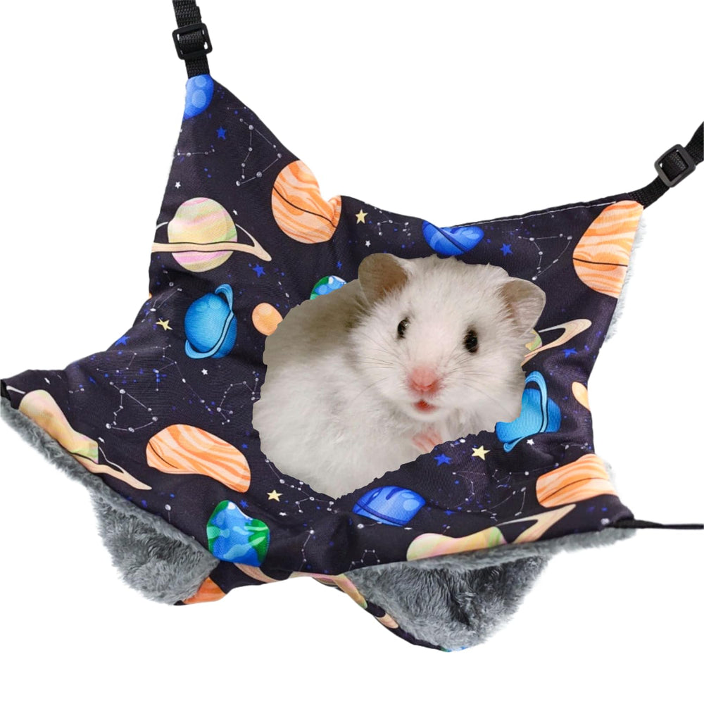 Rgbpro dark planet hammock inside cage offers cosy rest for small animals.