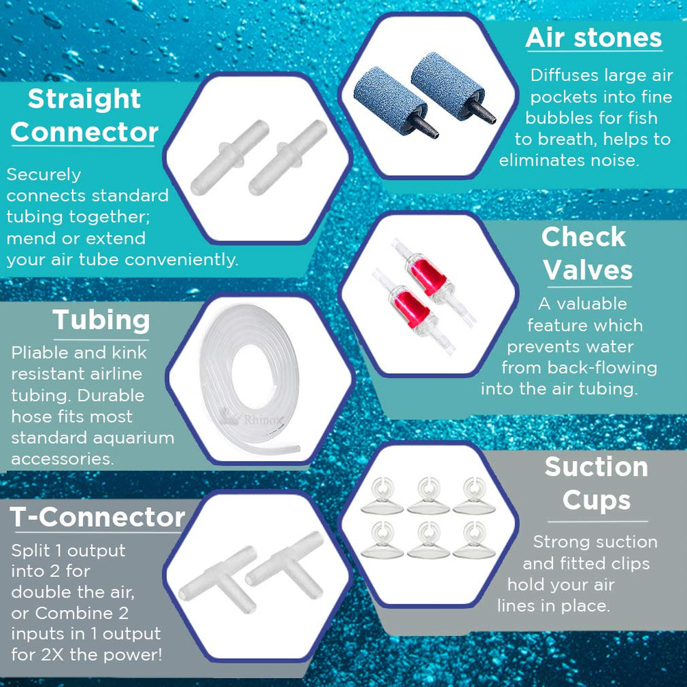 Rhinox air stones diffuser provides gentle bubbles for oxygenation in aquariums.
