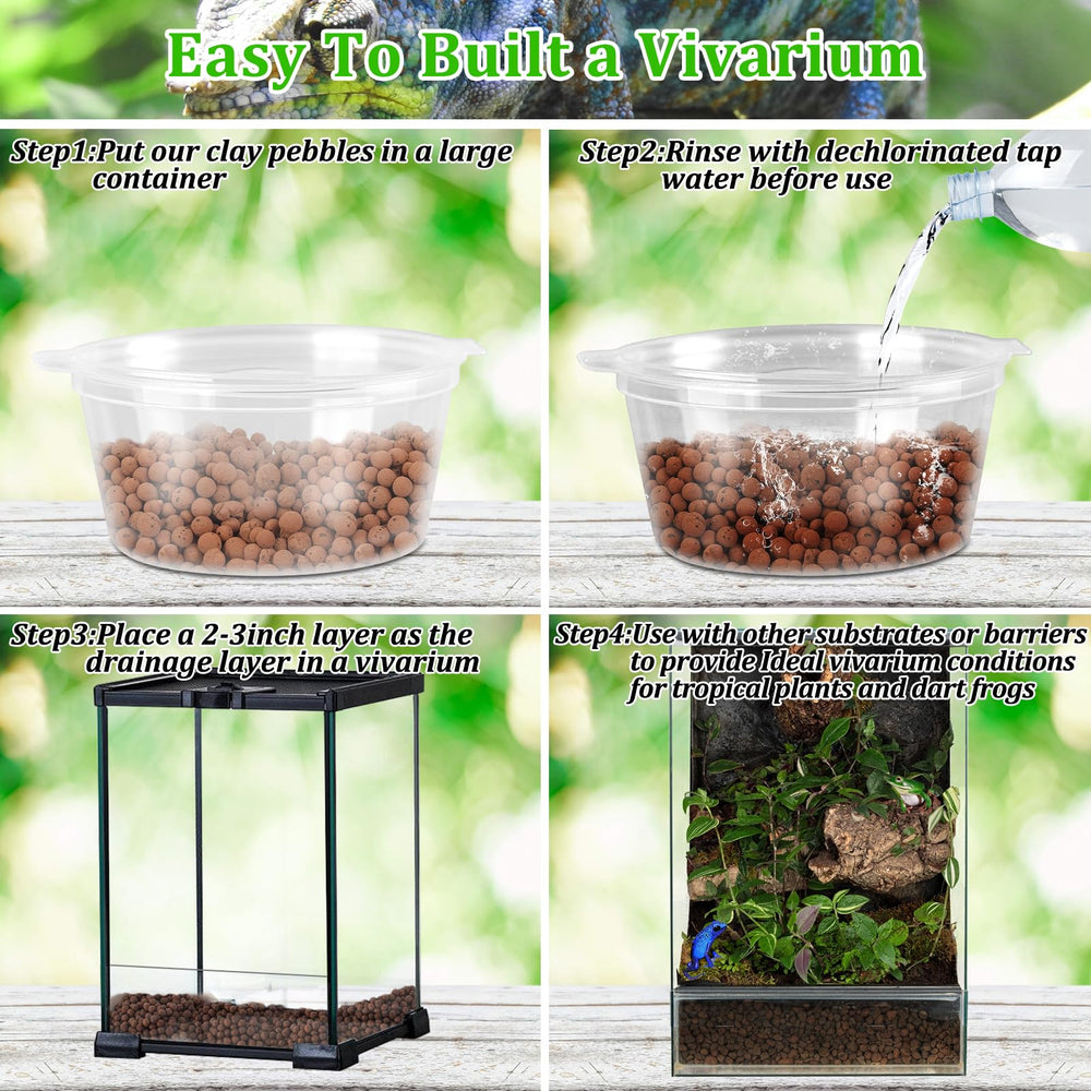 Riare clay pellets in a tank setup illustrating debris-free natural pebbles for terrariums