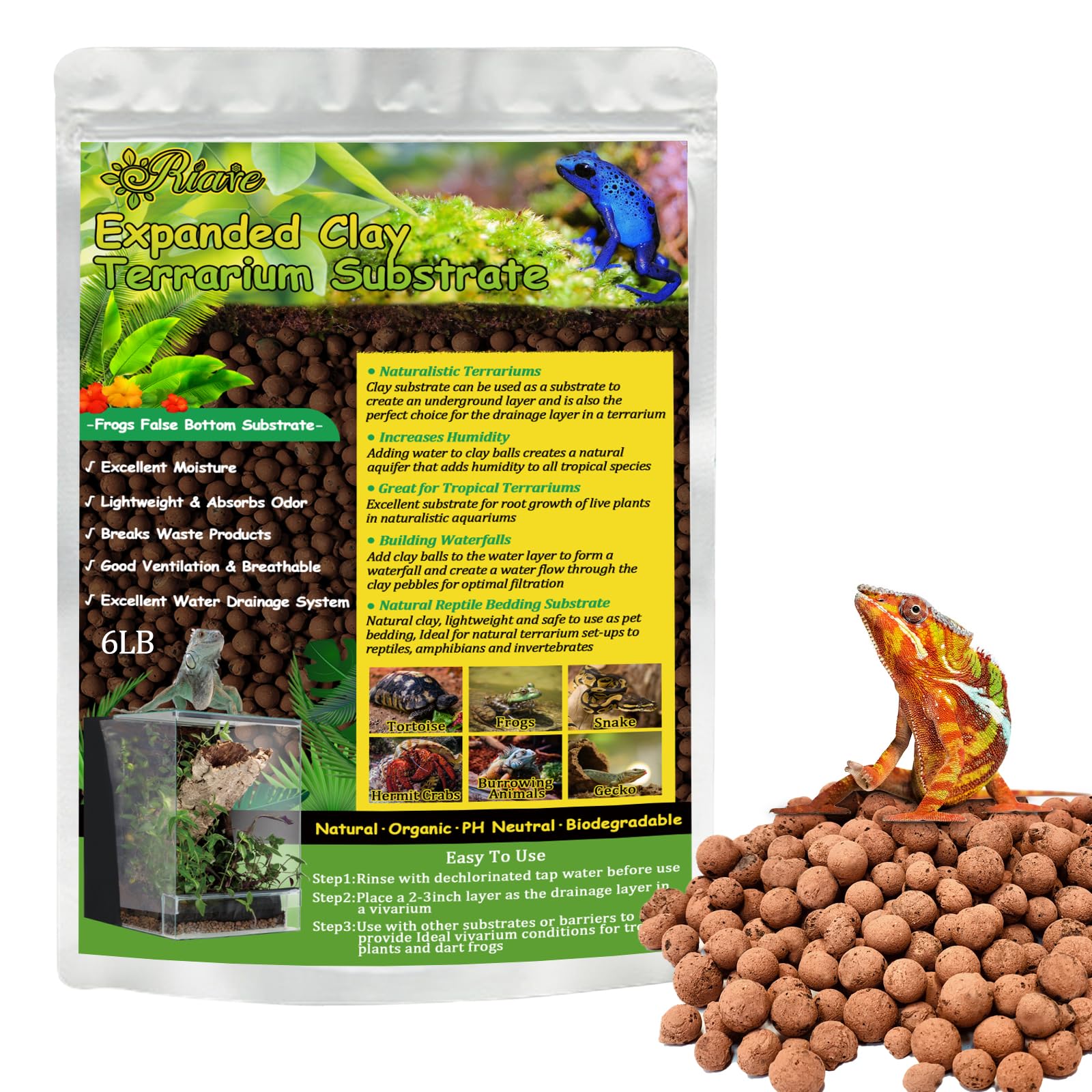 Riare 6LBS expanded clay balls in a resealable bag for long-term terrarium storage.