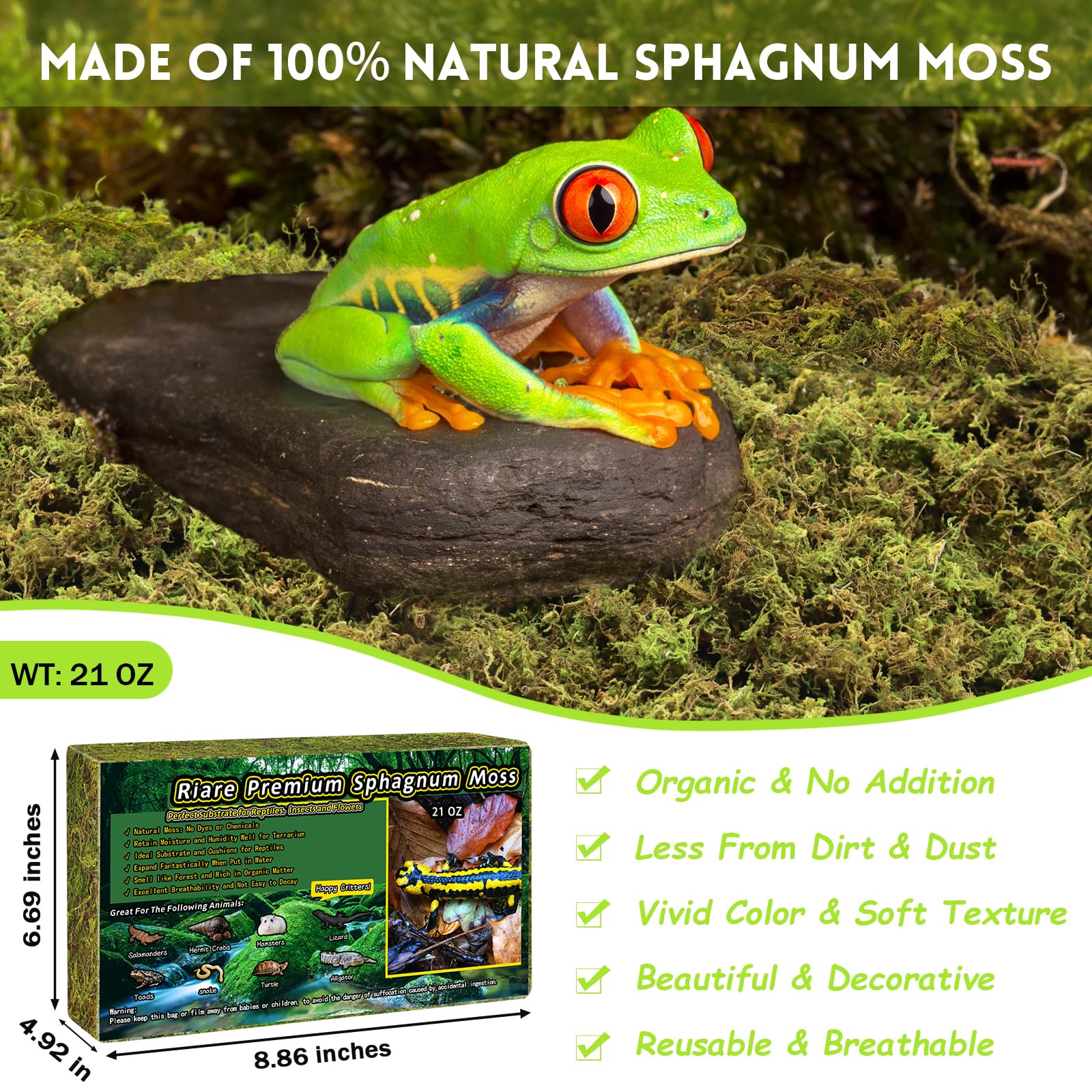 Riare musgo Sphagnum natural, textura suave para anidar y descansar.