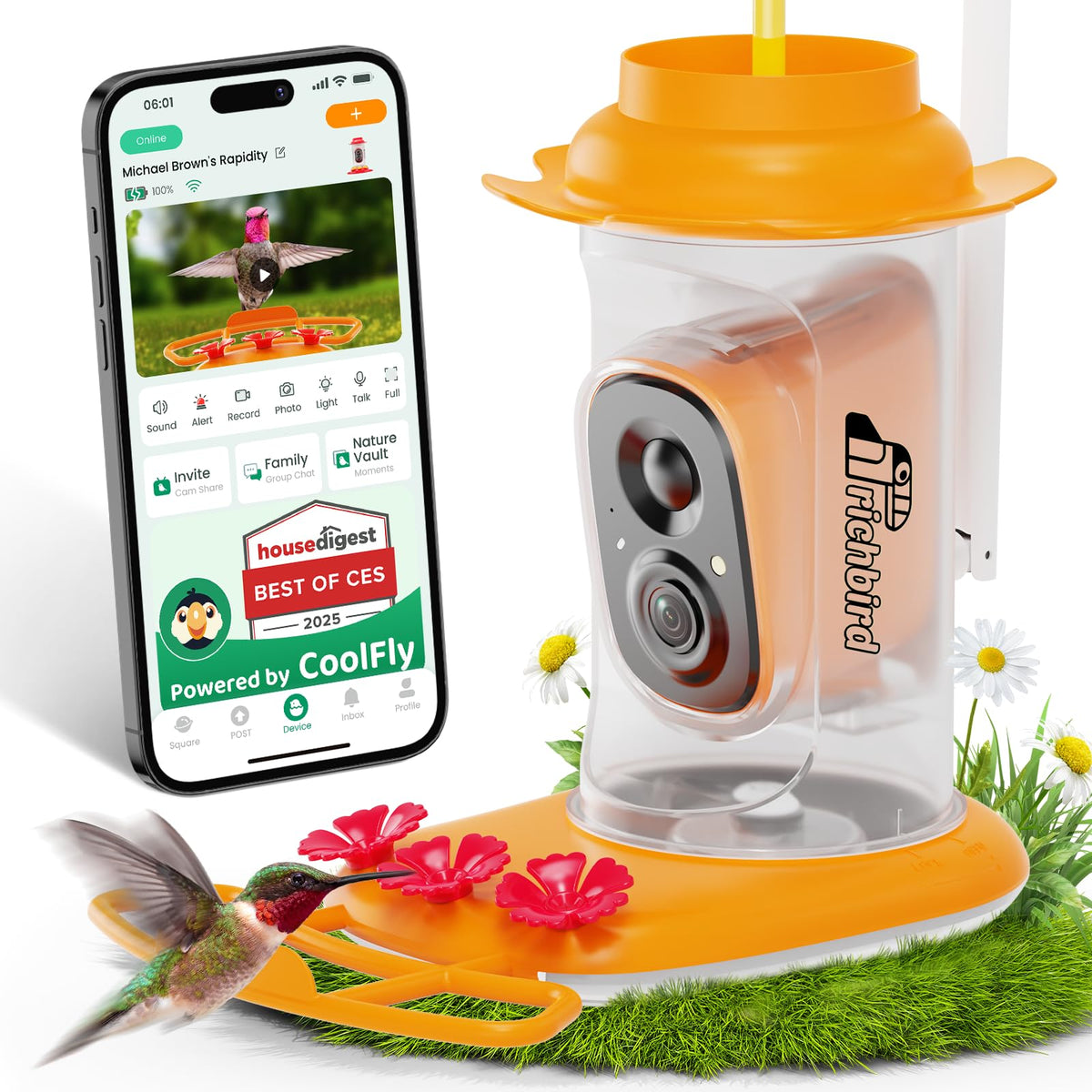 RichBird smart-hummingbird-feeder-camera-front-view enables real-time backyard monitoring