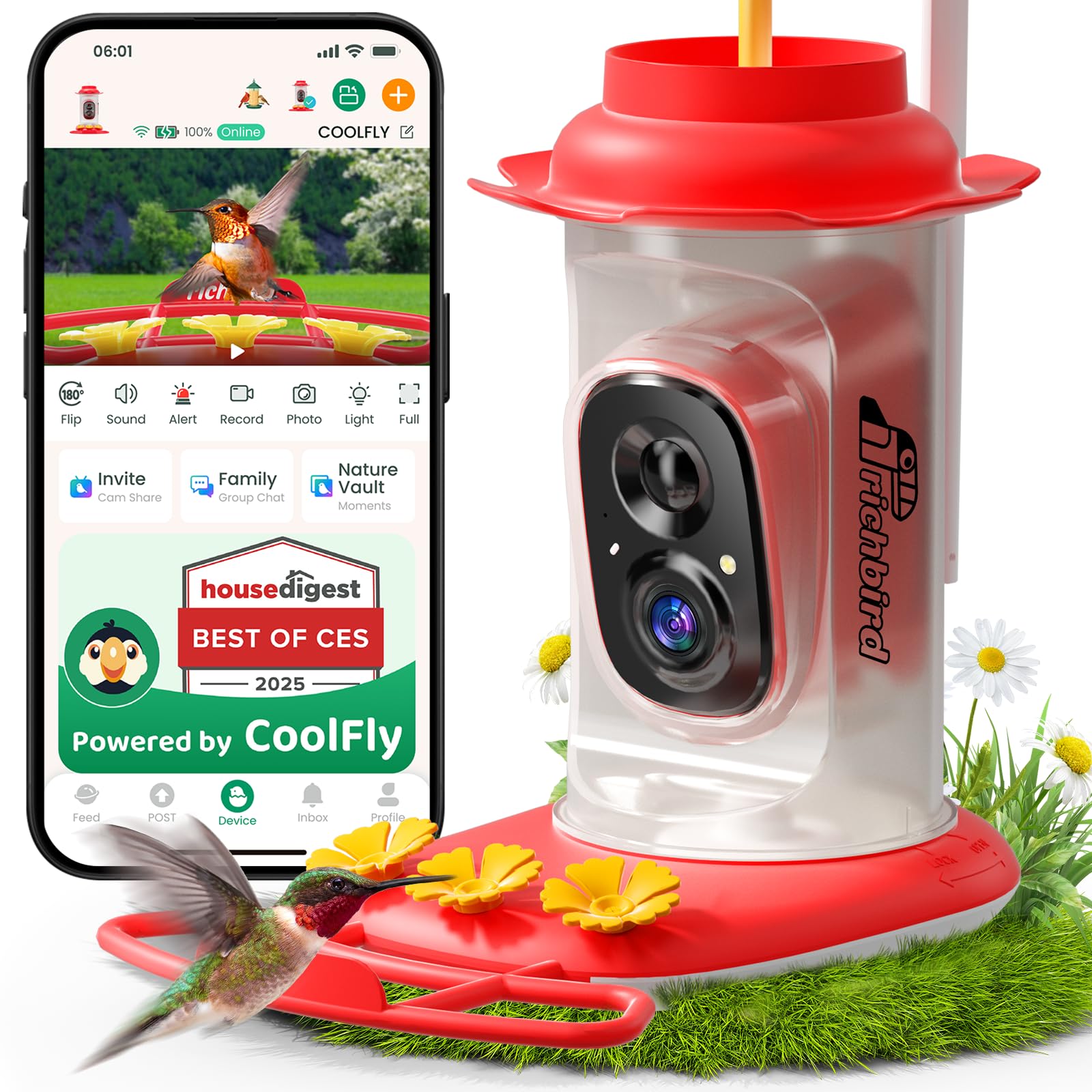 RichBird Smart Hummingbird Feeder camera in garden captures vibrant backyard activity