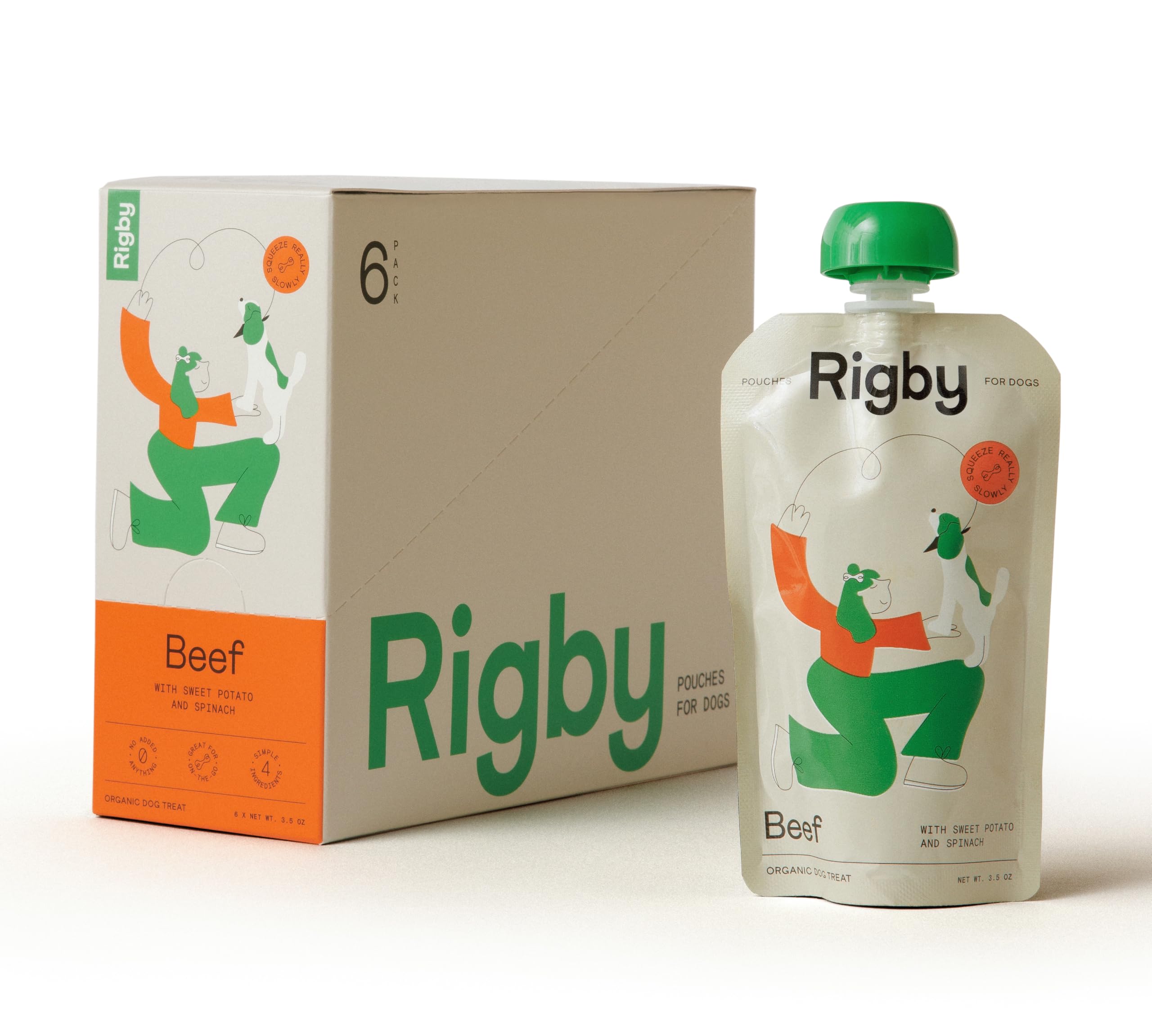 Rigby beef treat pouch front view showing organic ingredients for real-food rewards