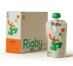 Rigby beef treat pouch front view showing organic ingredients for real-food rewards
