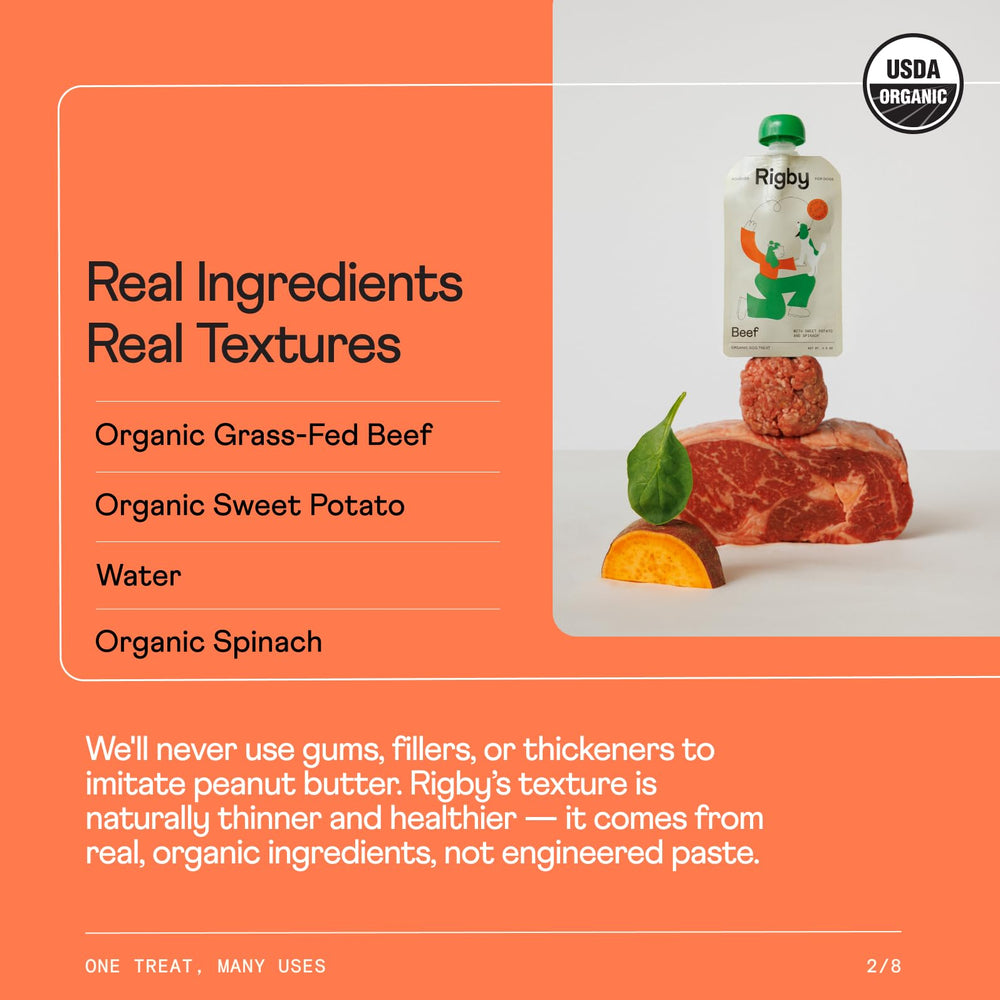 Rigby organic ingredients label emphasizing four simple components for dogs