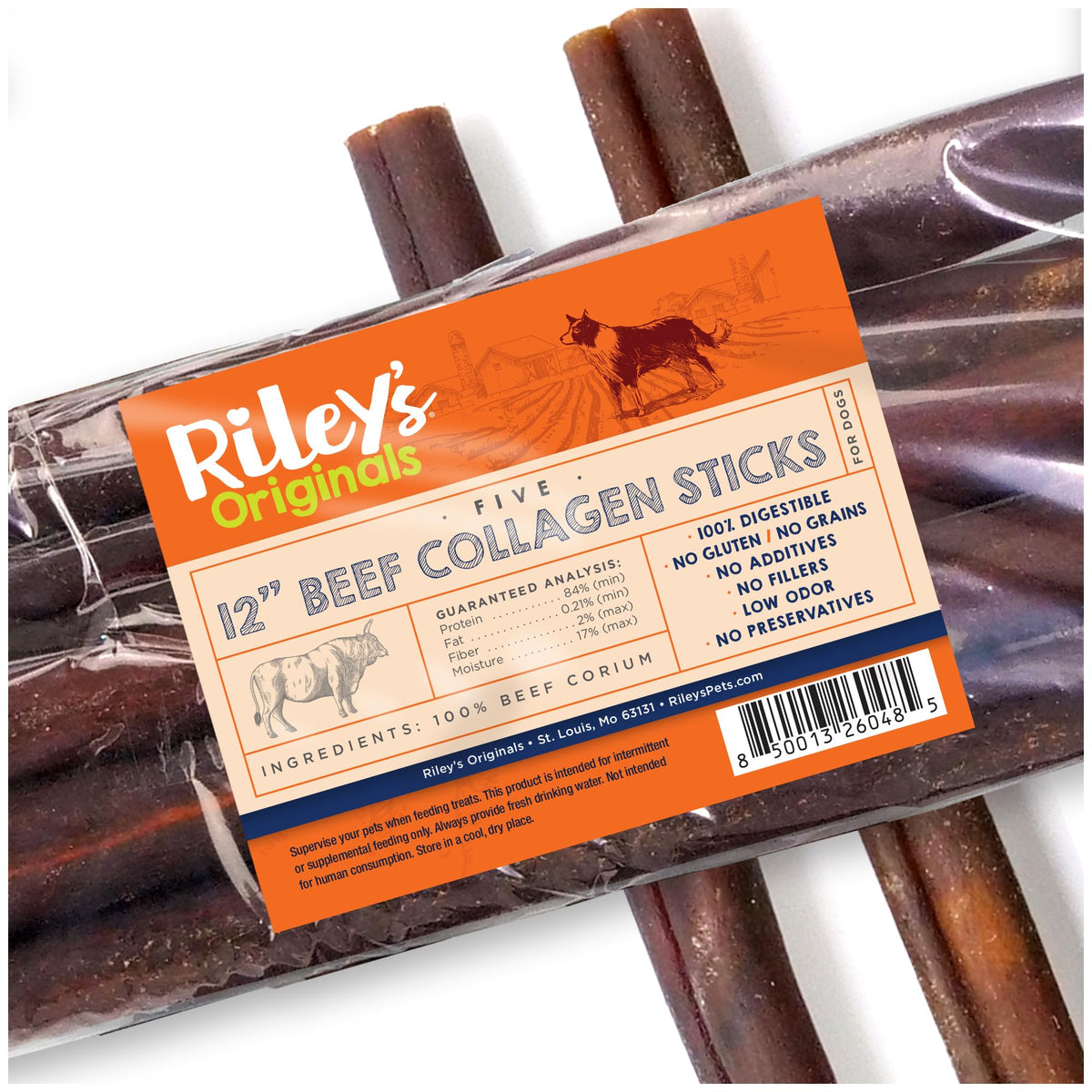 Riley's 12-inch beef collagen sticks pack front, a long-lasting chew option for dogs.