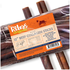 Riley's 12-inch beef collagen sticks pack front, a long-lasting chew option for dogs.