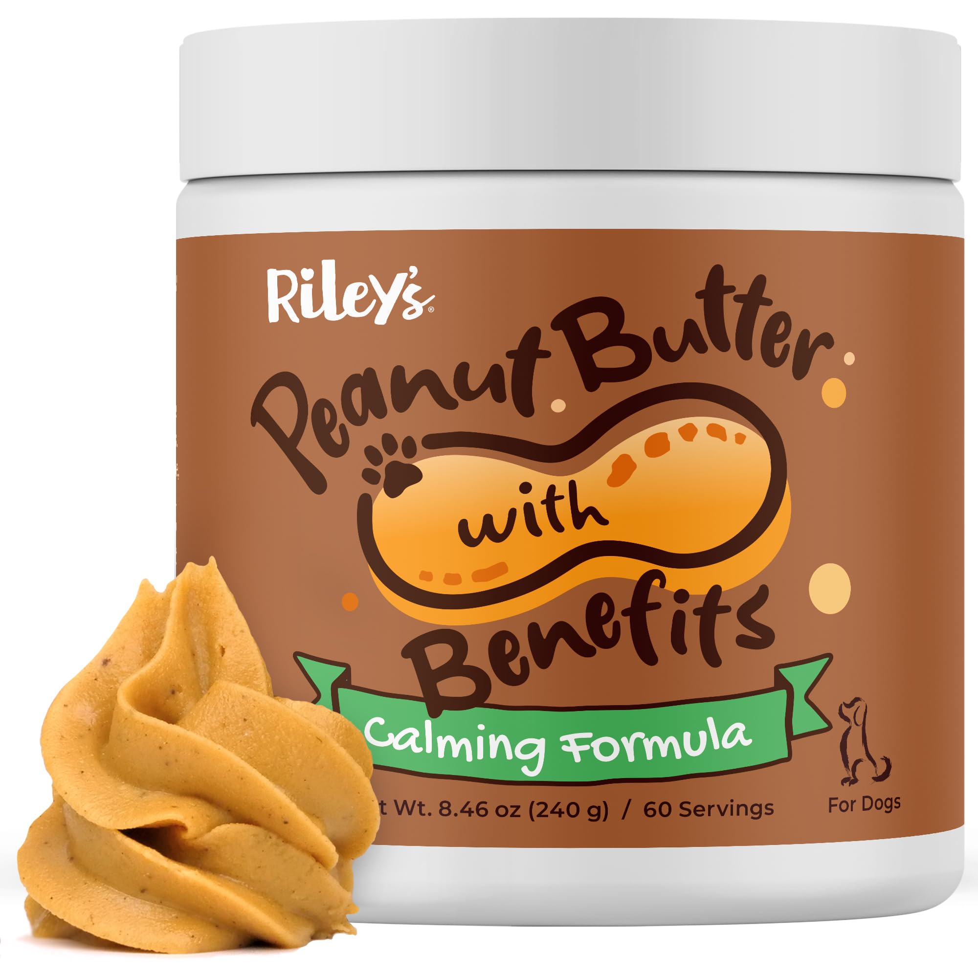 Riley's Calming Peanut Butter jar shows a smooth texture for a comforting dog treat.