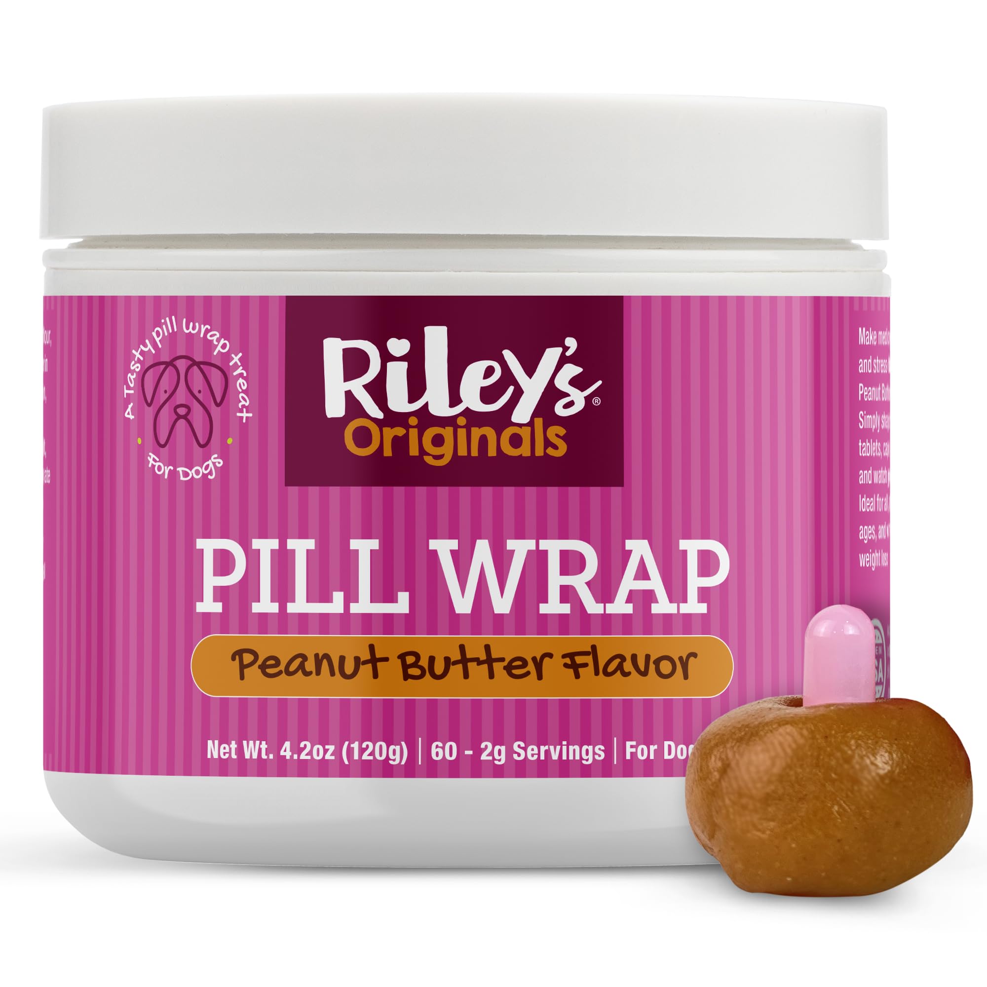Riley's Pill Wrap jar closeup showing peanut butter flavor for masking pills