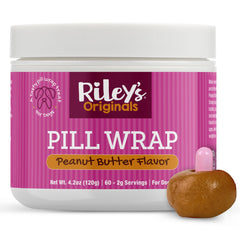 Riley's Pill Wrap jar closeup showing peanut butter flavor for masking pills