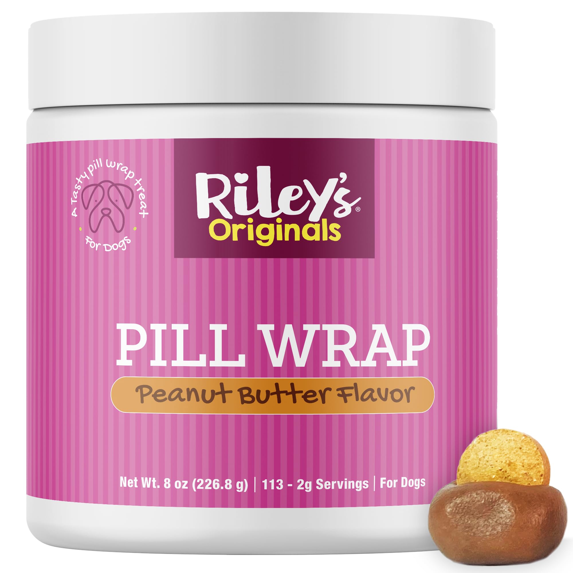 Riley's Pill Wrap tub label showing peanut butter flavor for pill masking