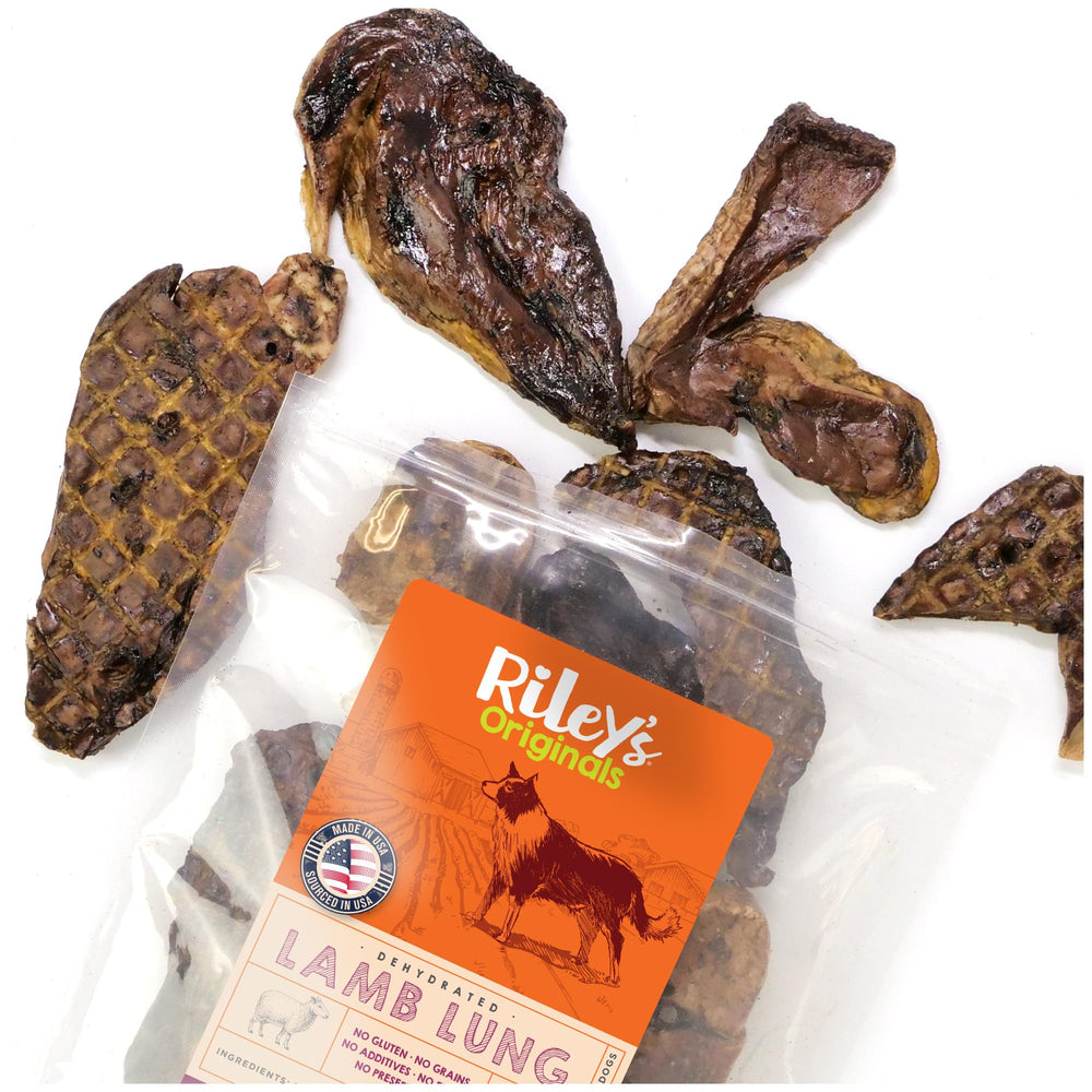 Rileys premium dehydrated lamb-lung dog treats pack shot—great for training rewards.