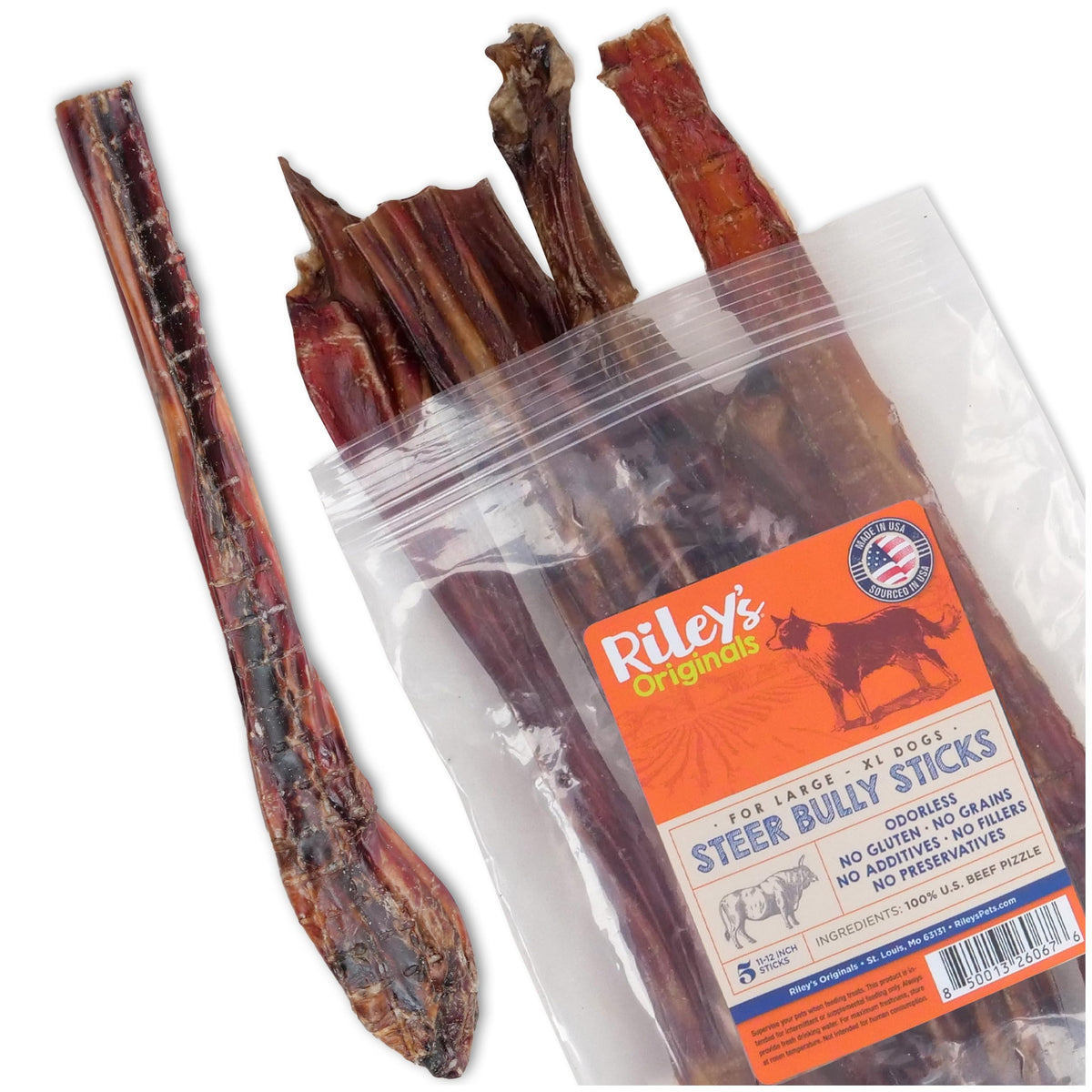 Riley's Steer Bully Sticks 12in packaging shows convenient bulk treat option for large dogs.
