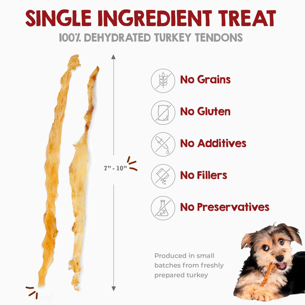 Riley's Turkey Tendons chews in bowl demonstrate a rawhide-free, all-natural dog treat option