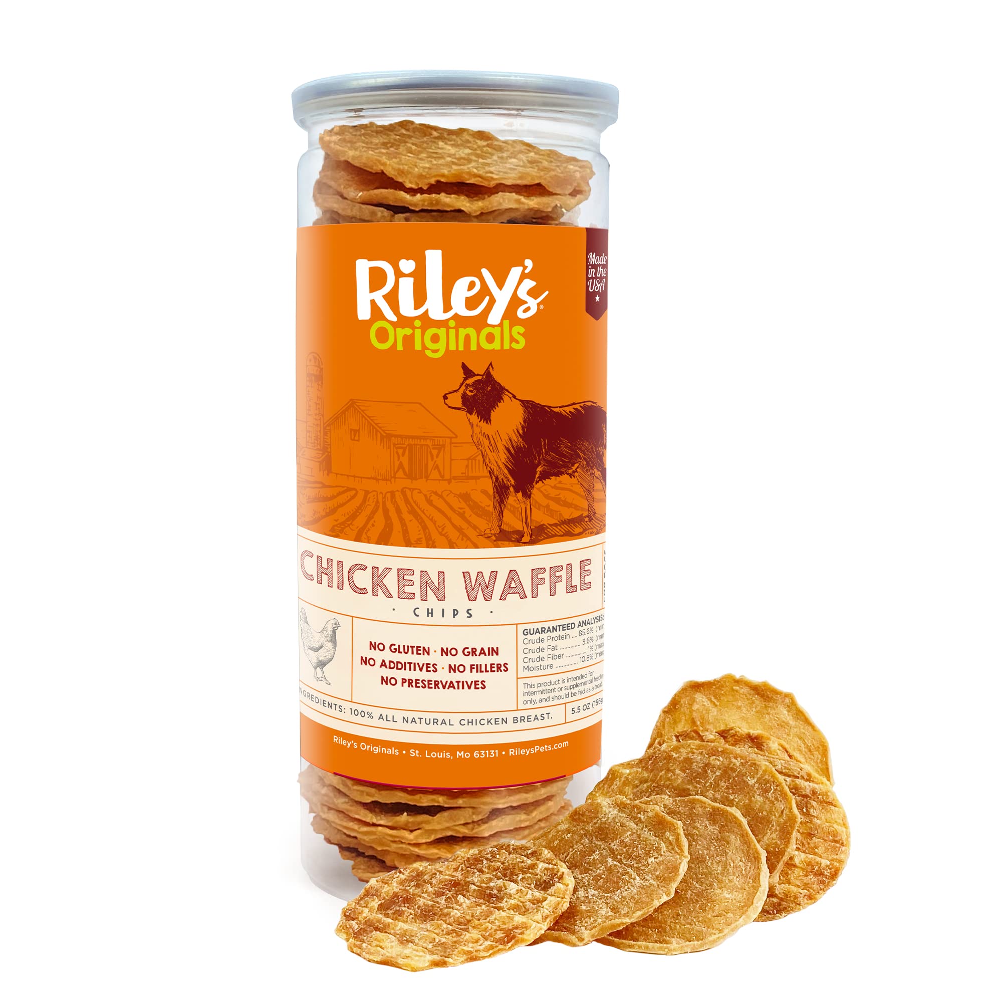 Riley's Waffles Chicken Chips bag front showing USA-sourced treats for training.