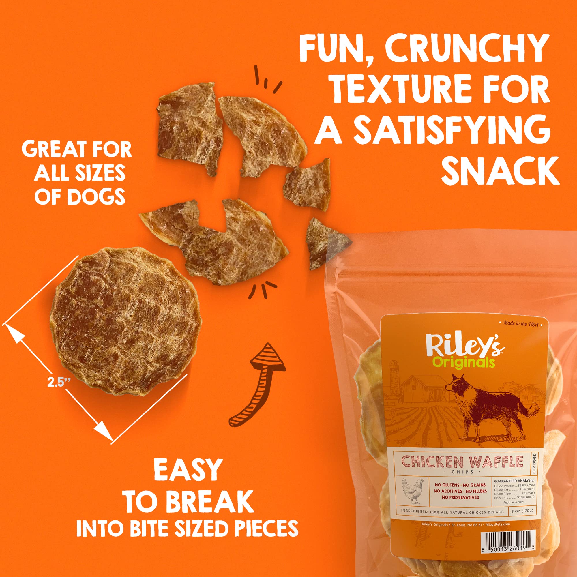 Riley's Waffles Chicken Chips single-ingredient formula offers grain-free, high-protein rewards for dogs