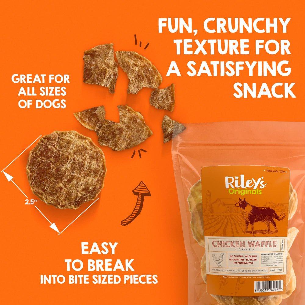 Riley's Waffles Chicken Chips single-ingredient formula offers grain-free, high-protein rewards for dogs