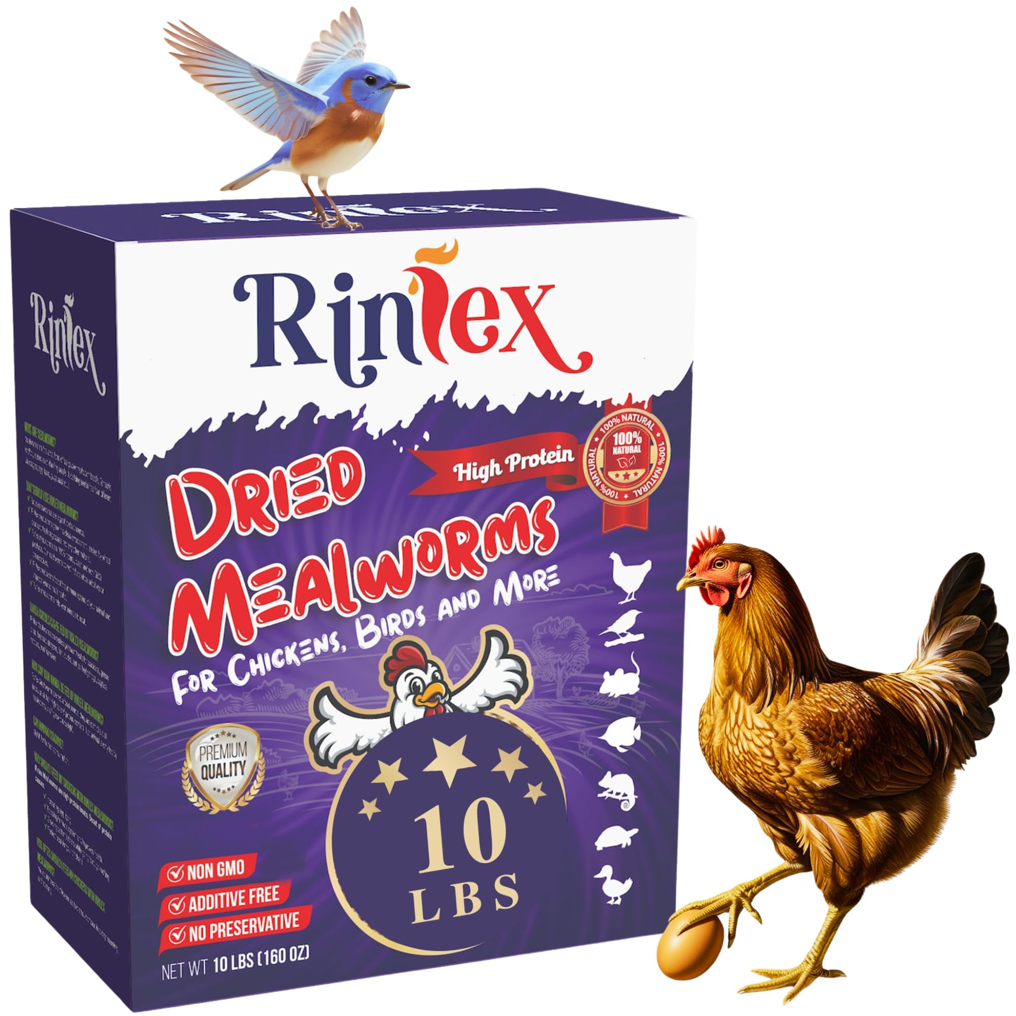 Rinlex dried mealworms 10lbs packaging shown as a protein-rich poultry snack
