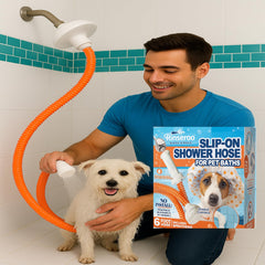 Rinseroo slip-on attachment installs over a shower head for quick muddy-paw cleanup